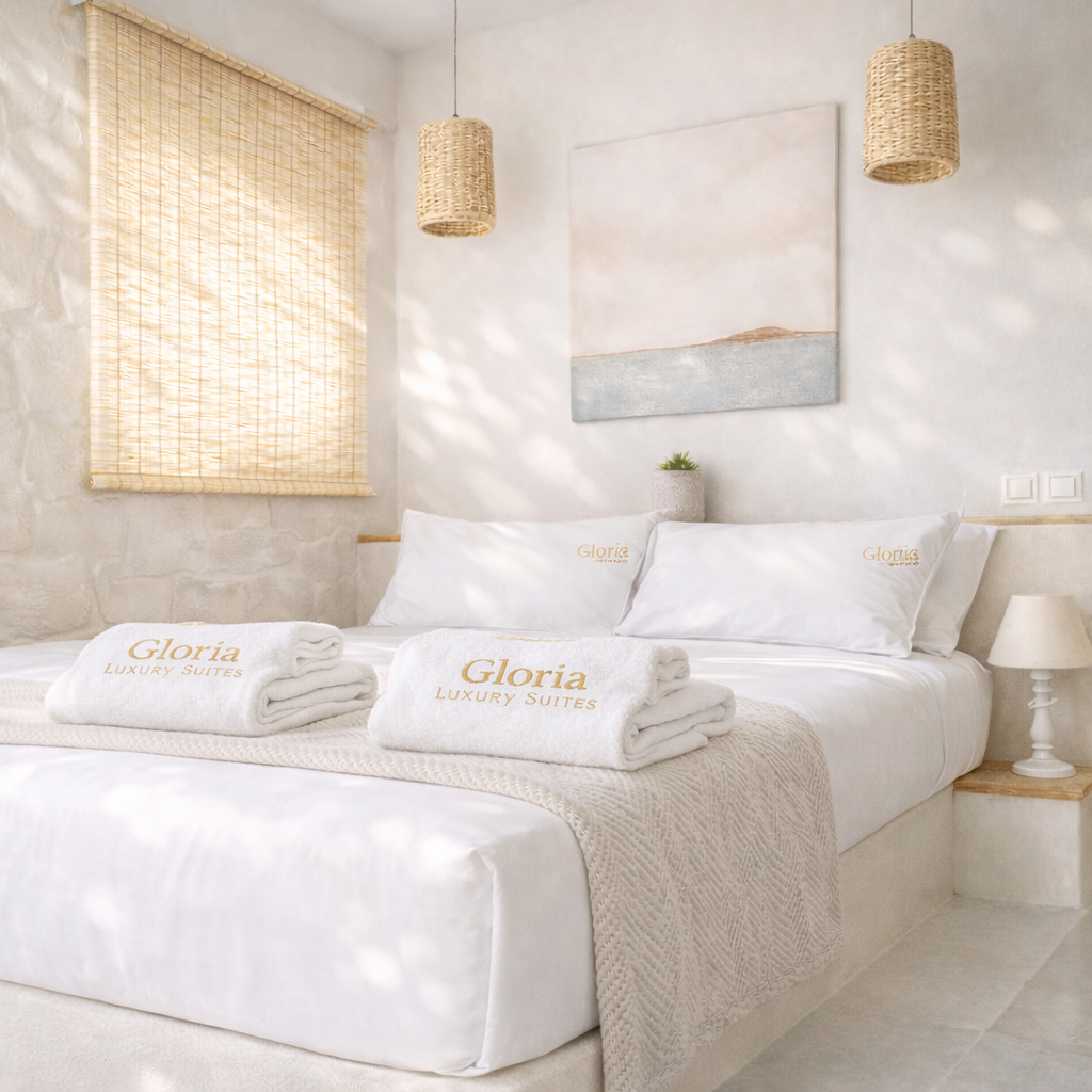 Gloria Luxury Suites king bed with branded pillows and morning light