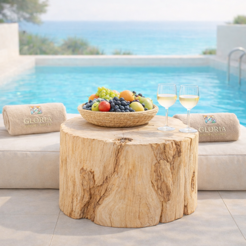 Poolside fruit and wine with Aegean view