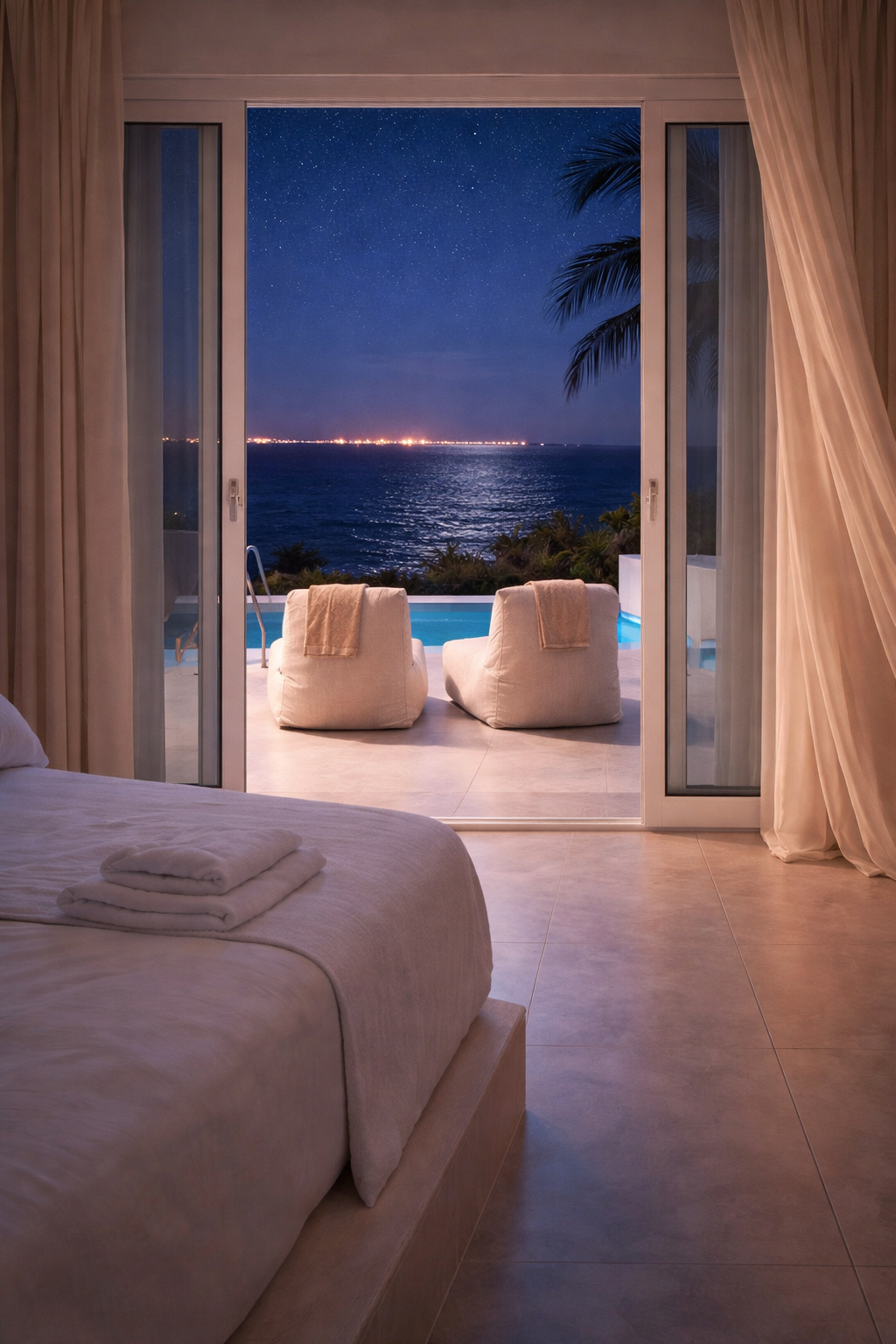 Suite bedroom with night sea view and pool