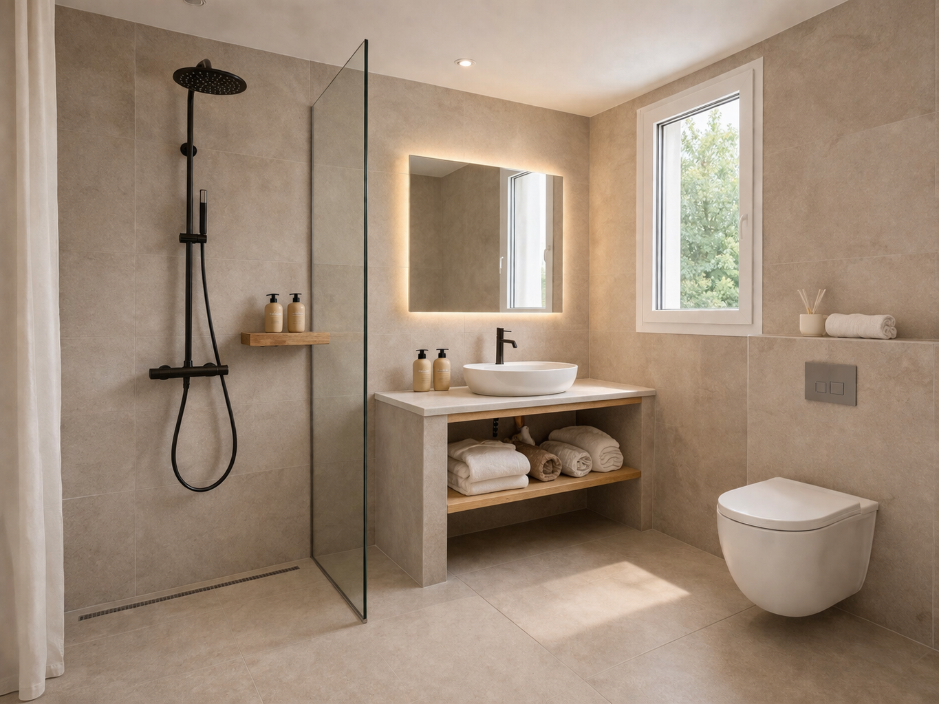 Rain shower with glass partition and natural light