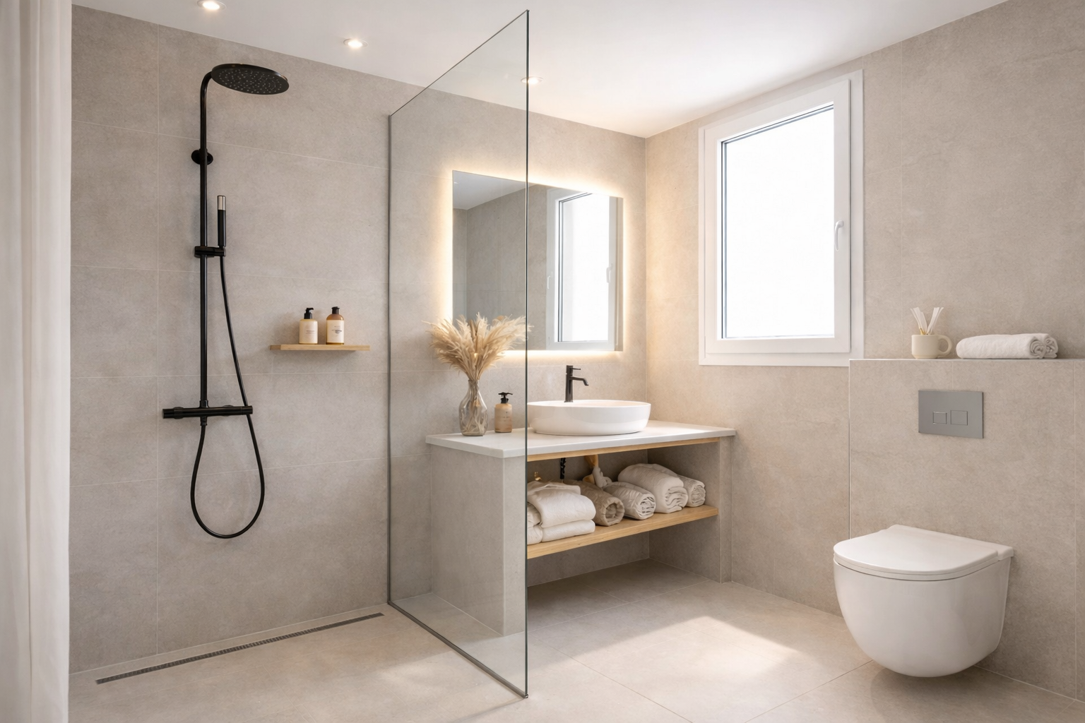 Rain shower with glass partition and natural light