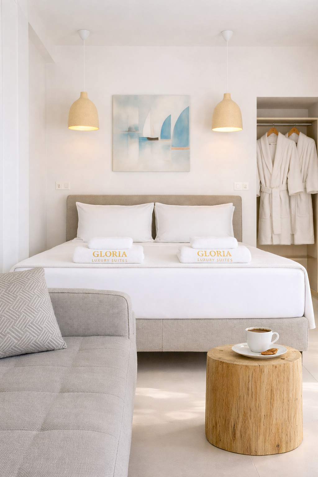 King bed with Gloria robes and pendant lights