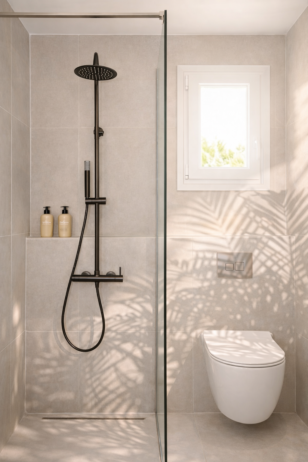 Rain shower with glass partition and natural light