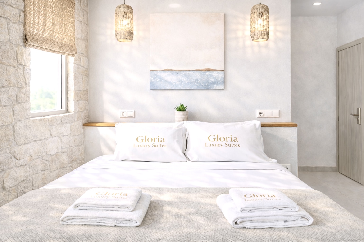 Suite with Afytos stone wall and sea view