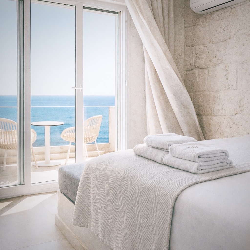 Balcony with sea view, fruit and wine