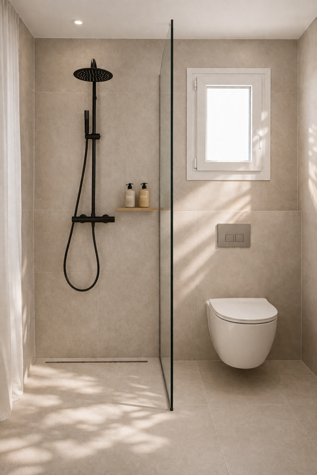 Rain shower with glass partition and natural light