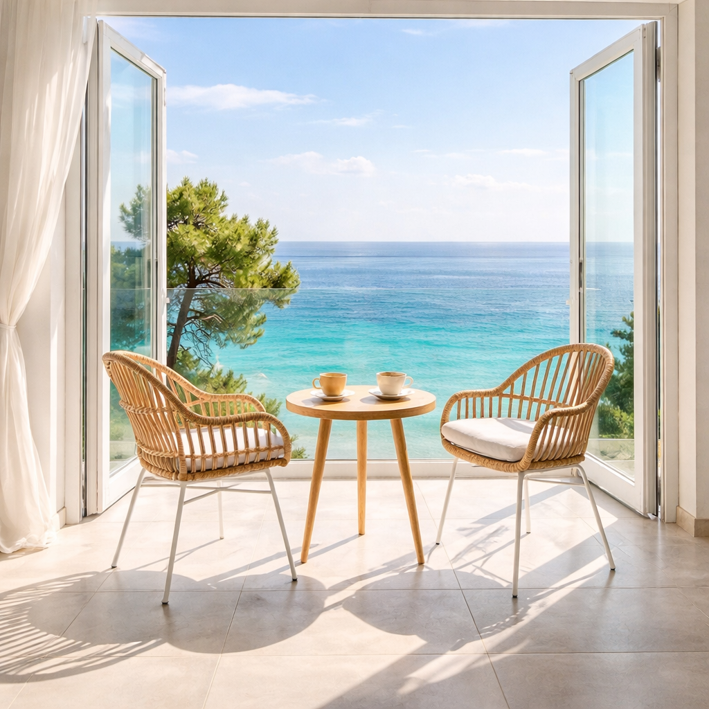 Balcony with sea view and morning coffee