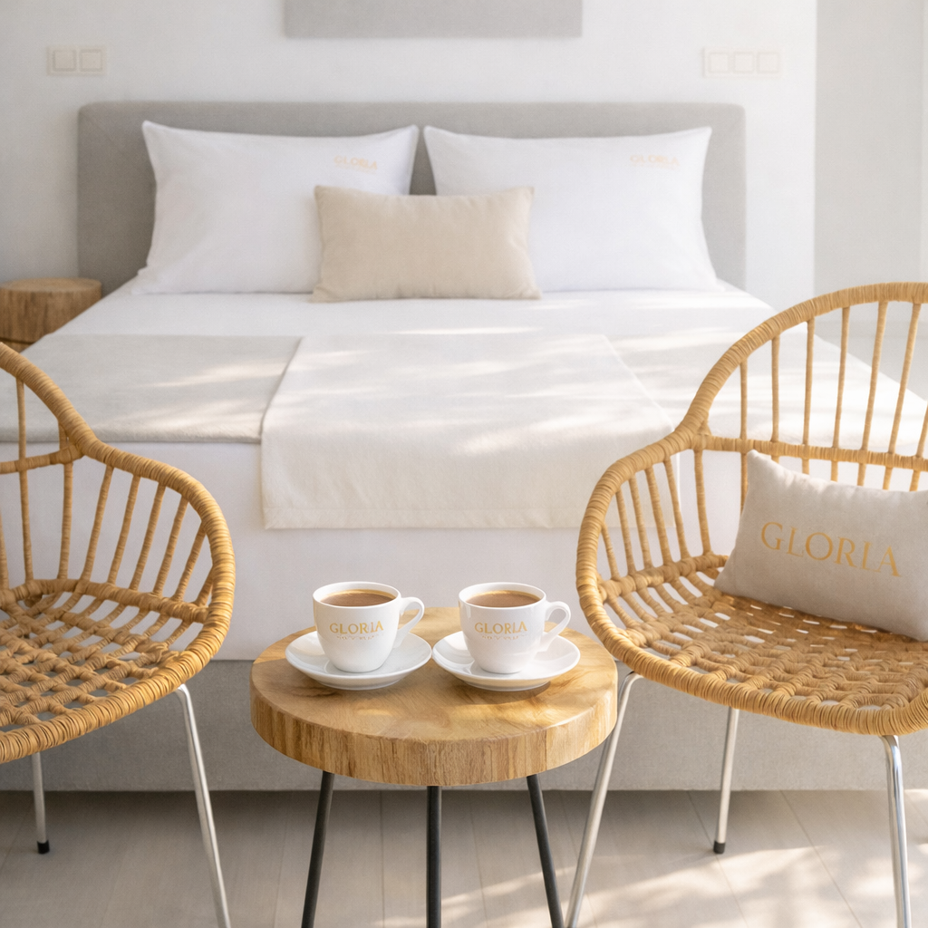 Rattan chairs with Gloria coffee cups and bed in background