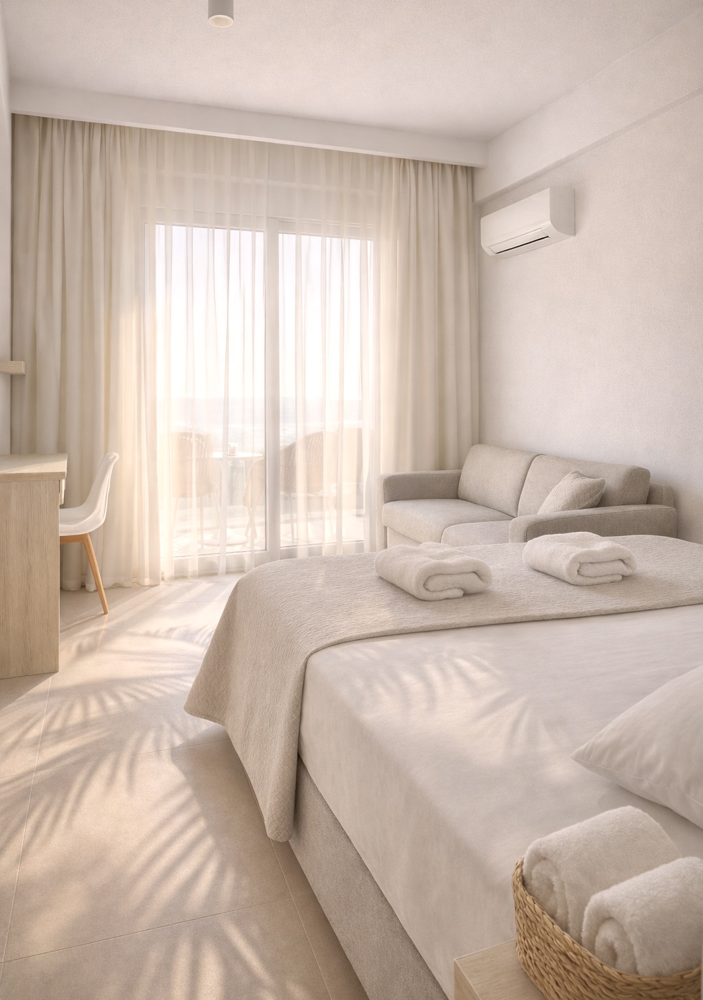 Bougainvillea in bloom with Aegean Sea view