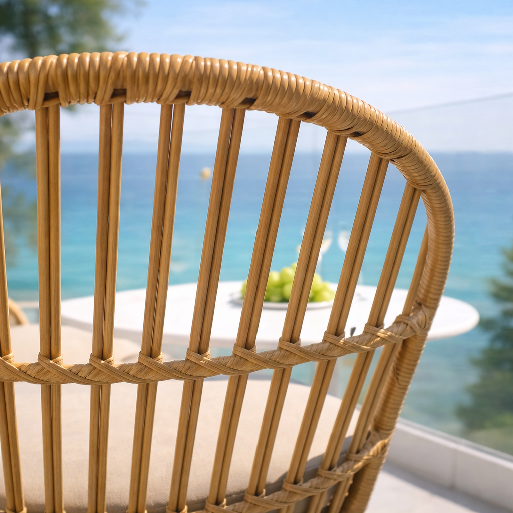 Rattan chair detail with Aegean Sea view