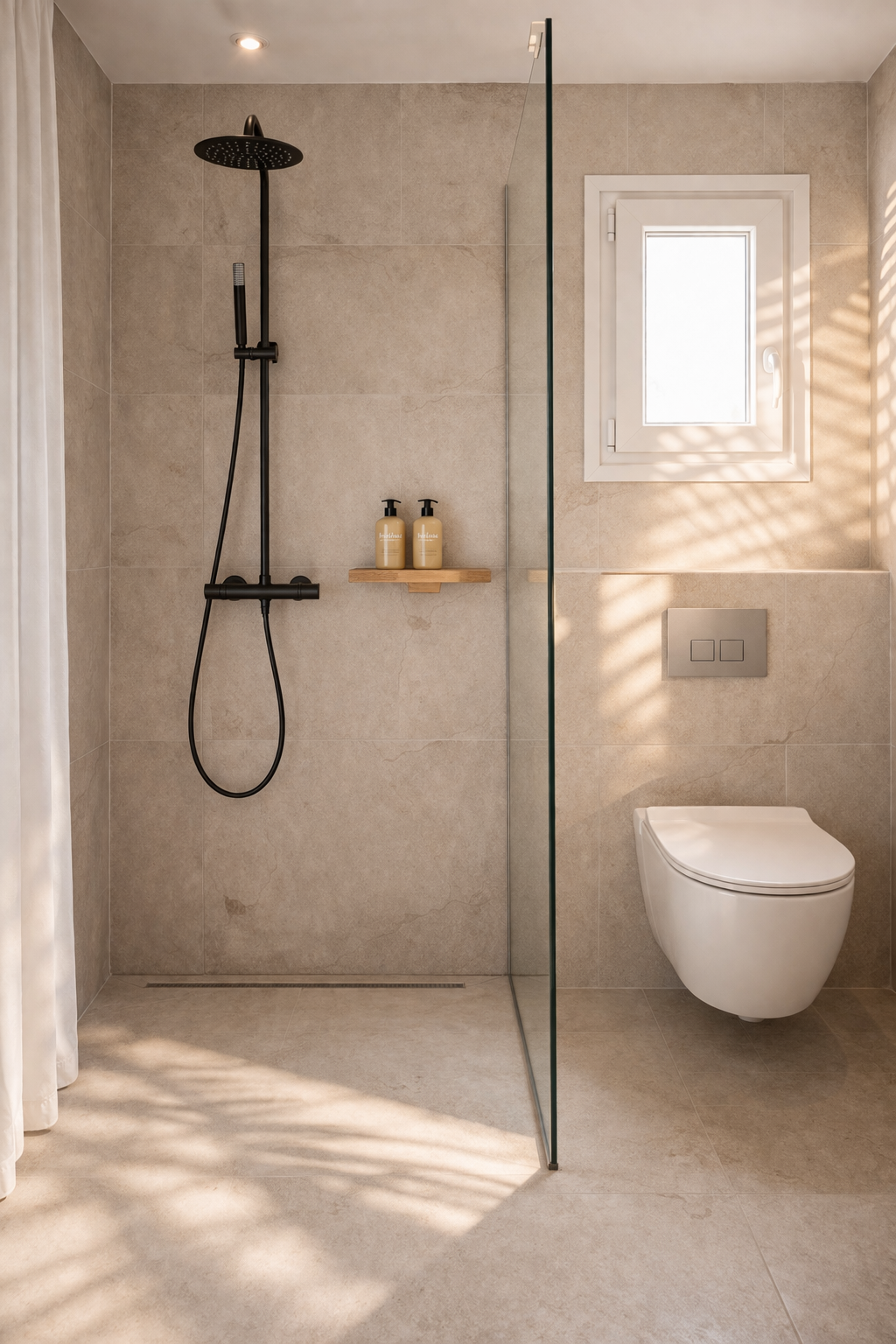 Rain shower with glass partition and natural light